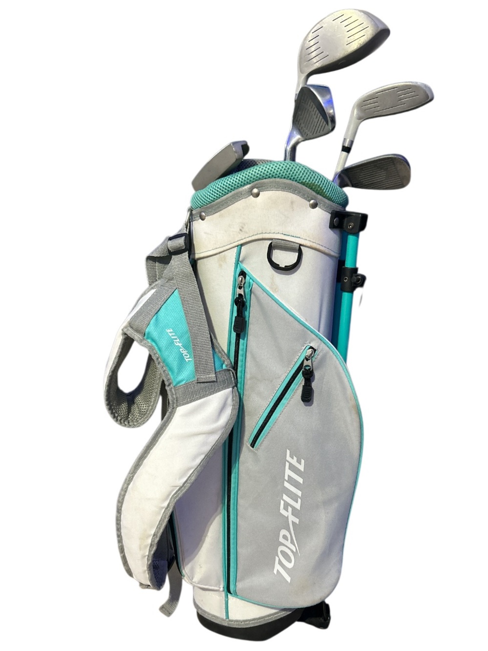 junior Top Flite golf stand bag with Clubs and strap teal and gray accents 27”